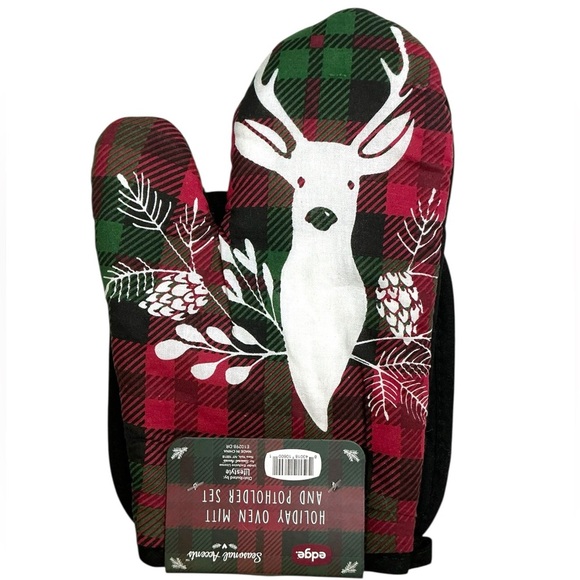 Holiday Deer Argyle Cotton Oven Mitt Potholder Set Christmas Winter Seasonal - Picture 2 of 16